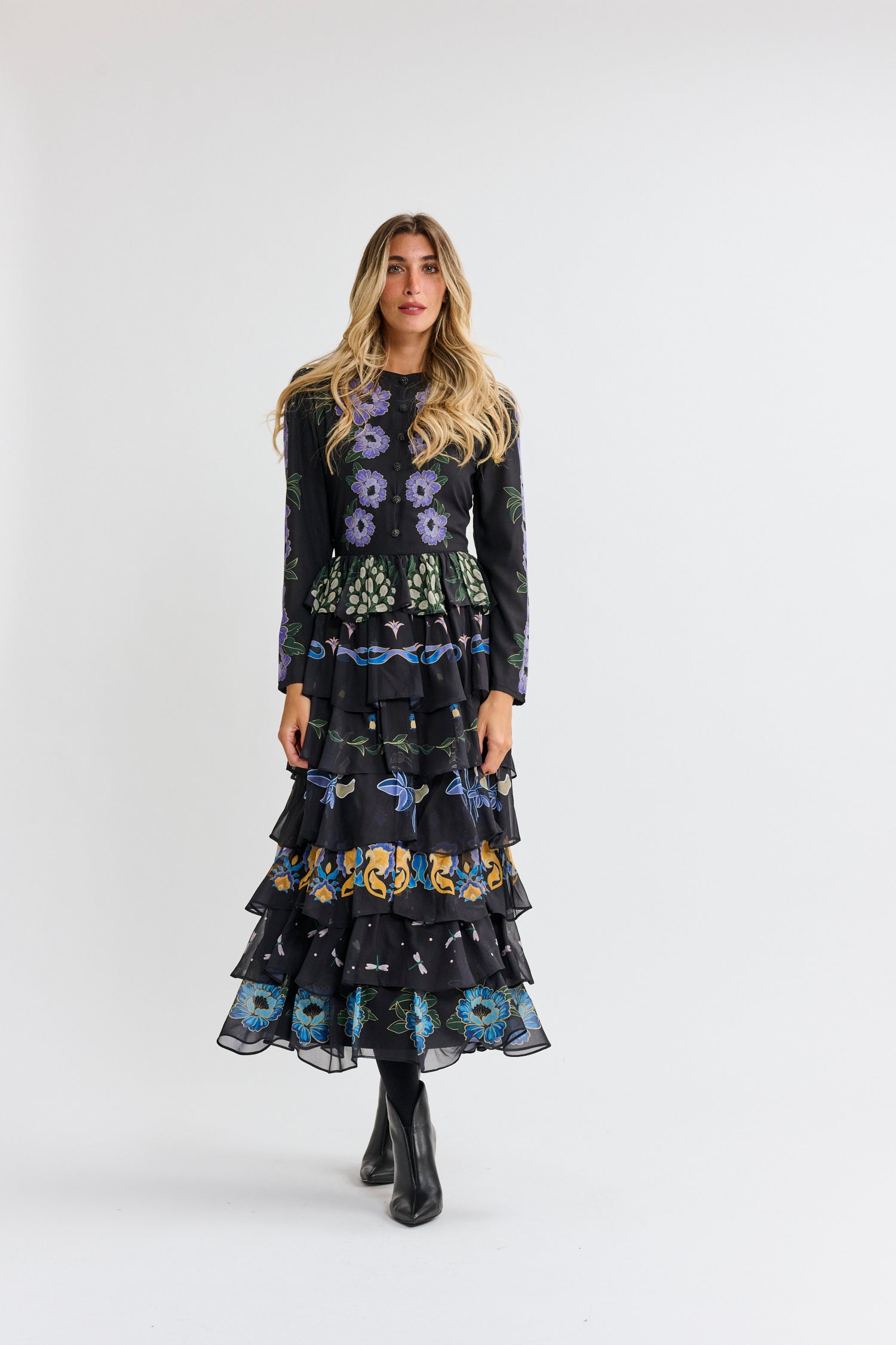 CHIFFON MIXED FLORAL RUFFLED DRESS