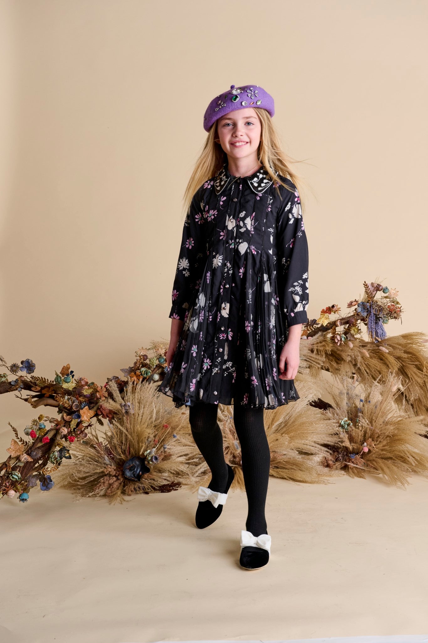 FLORAL BEADED COLLAR DRESS שמלה