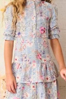 FLORAL PRINT EMBROIDERY EYELET TOP חולצה