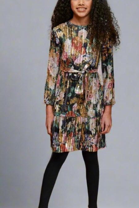 MULTICOLOR GOLD METALLIC VELVETEEN PLEATED DRESS