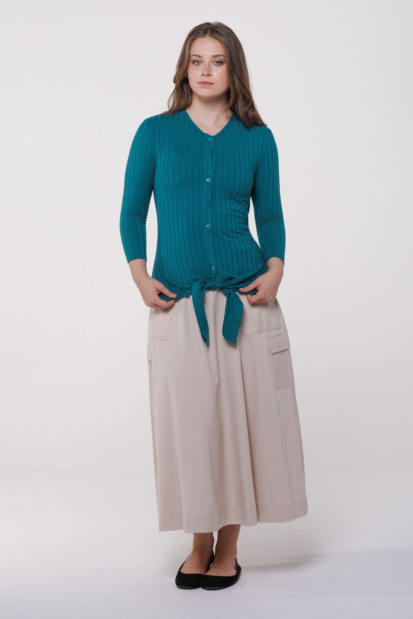 BUTTON DOWN TIE WAIST WIDE RIBBED TOP חולצה