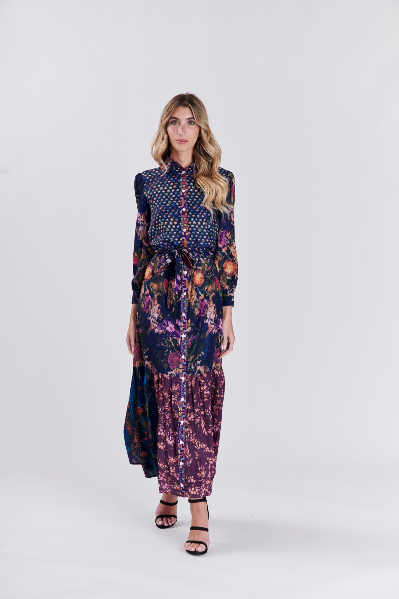 MIXED MEDIA BUTTON DOWN DRESS שמלה