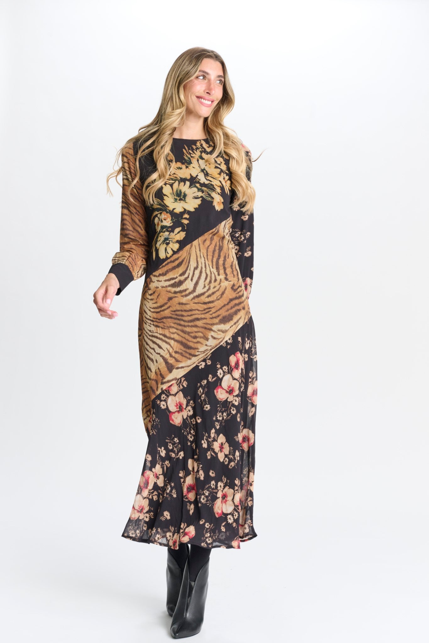 TIGER FLORAL MIXED MEDIA CHIFFON DRESS