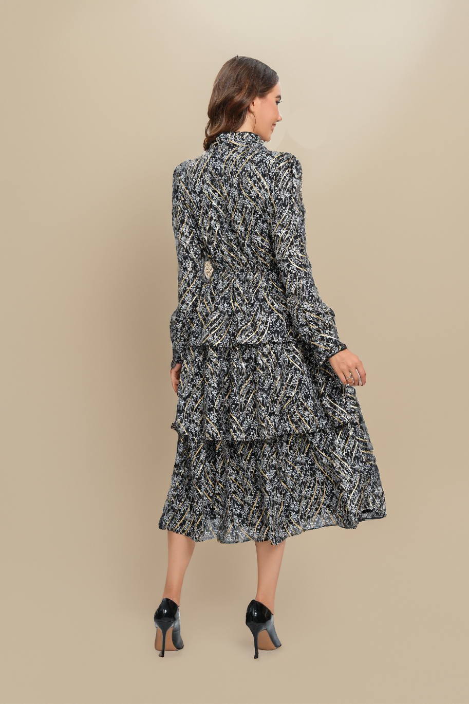 Tiered Gold Foliage Midi Dress שמלה