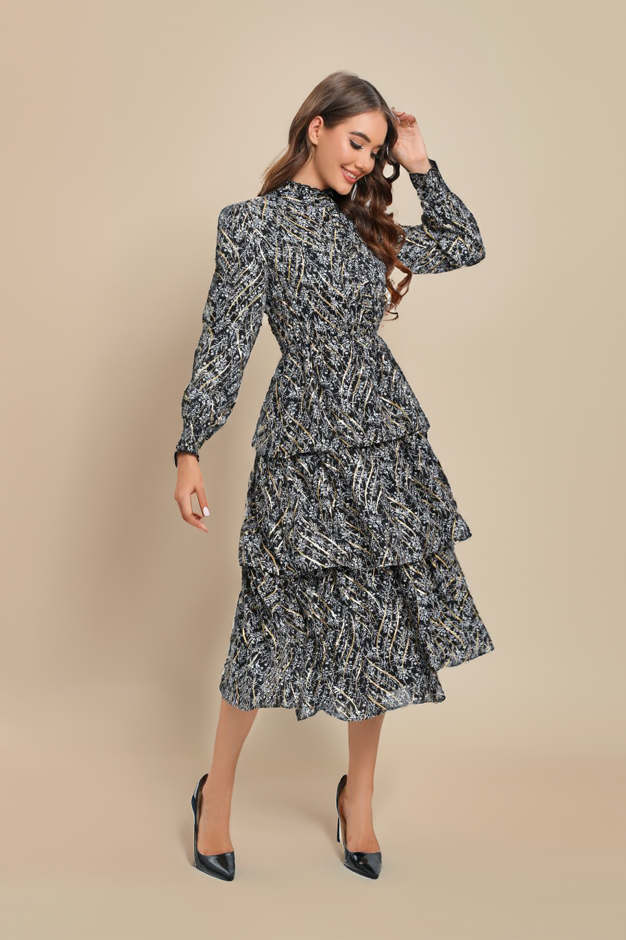 Tiered Gold Foliage Midi Dress שמלה