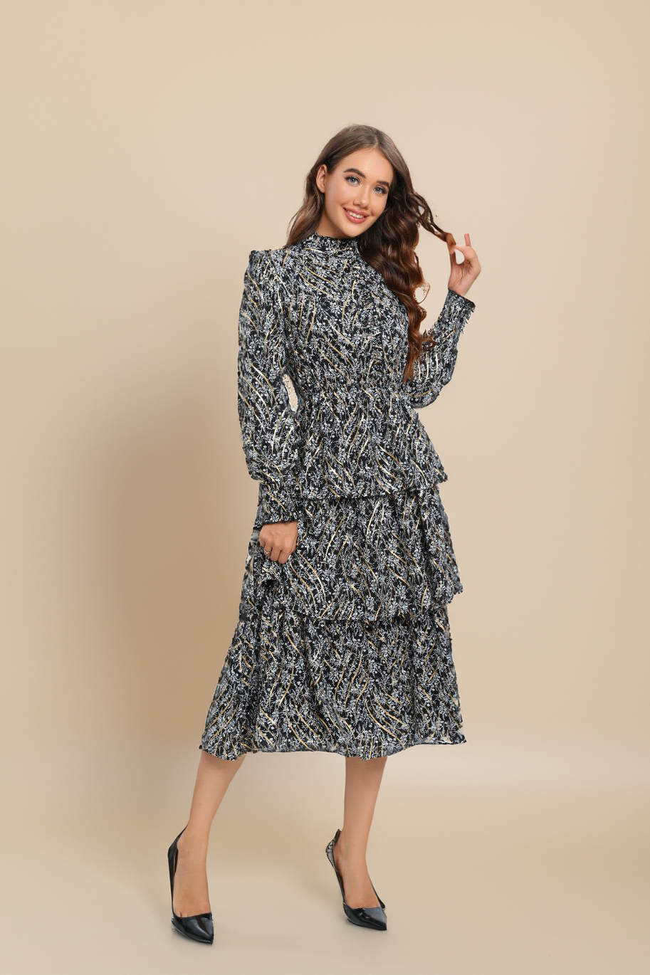 Tiered Gold Foliage Midi Dress שמלה