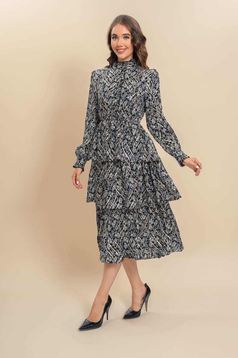 Tiered Gold Foliage Midi Dress שמלה