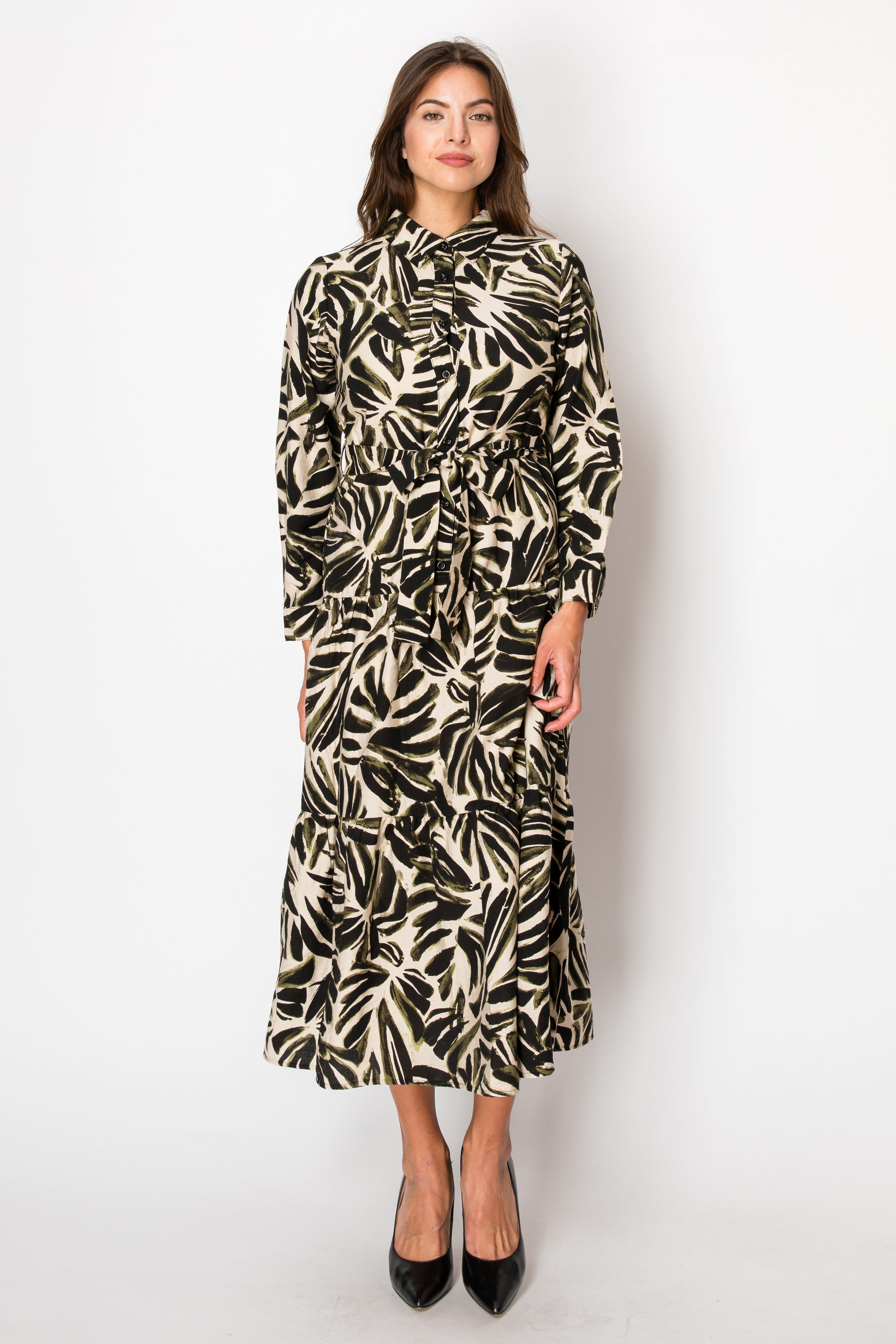 LEAF PRINT BELTED DRESS