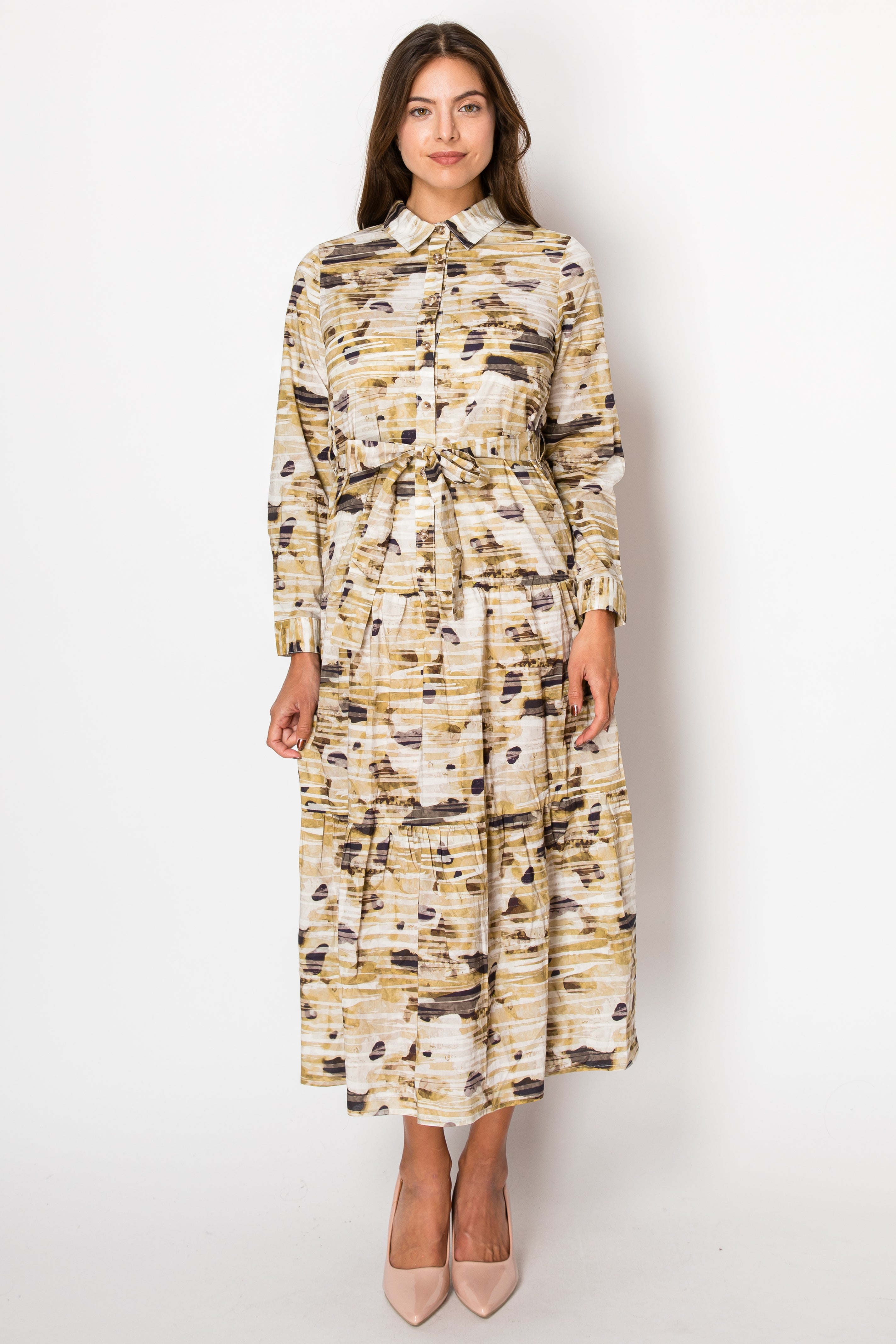 LEAF PRINT BELTED DRESS