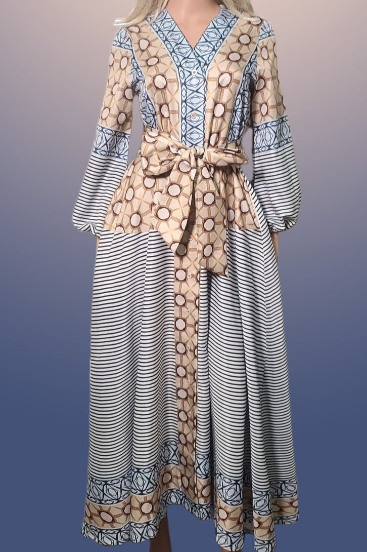 LONG PATTERN AND STRIPE DRESS שמלה