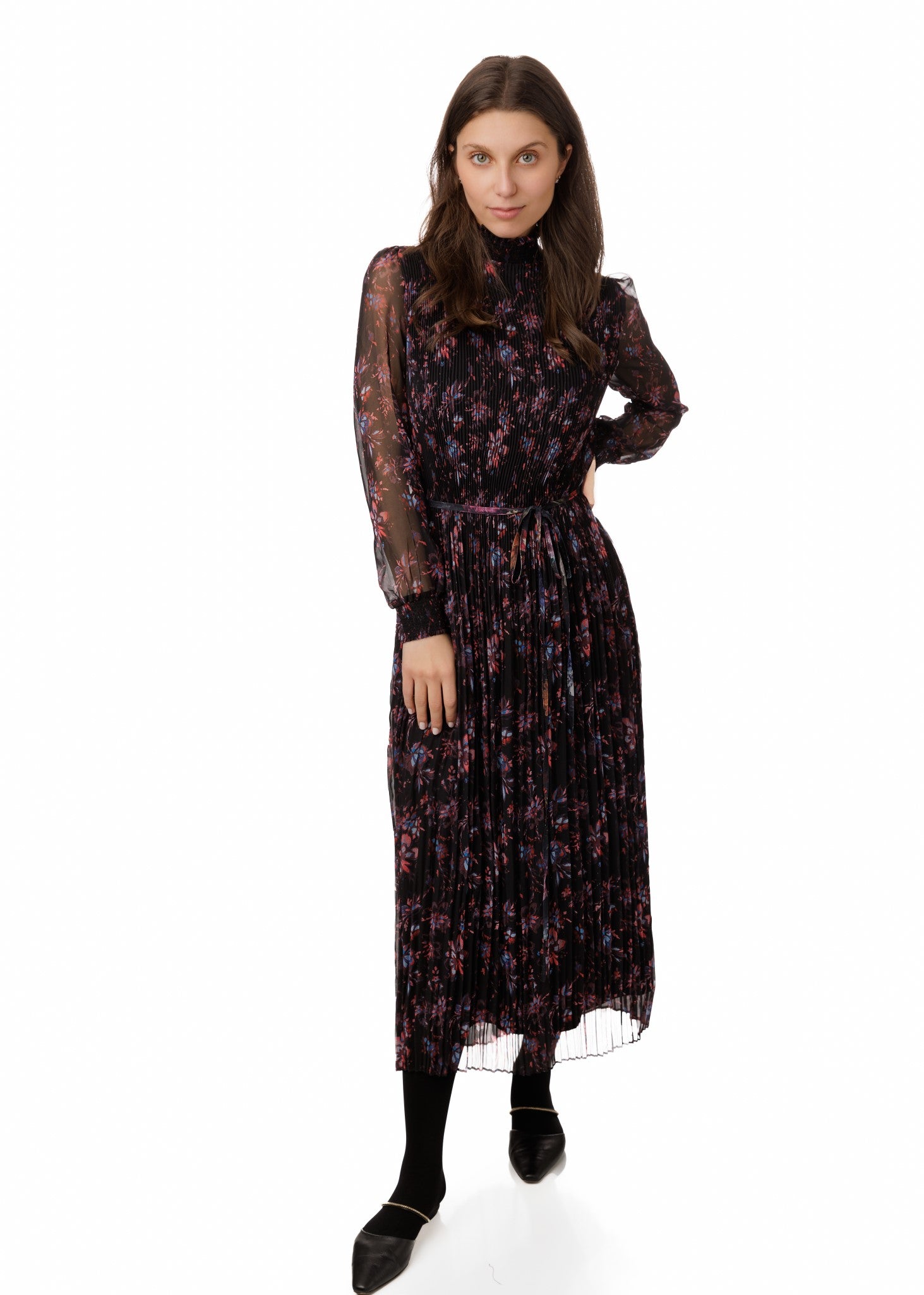 MICRO PLEATED FLORAL CHIFFON DRESS