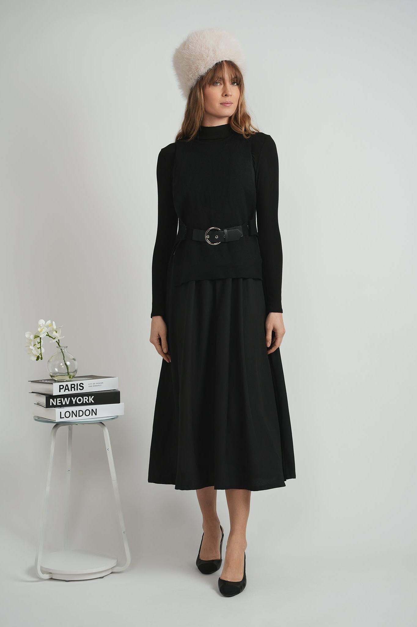 LADIES BELTED VEST CREPE JUMPER SET