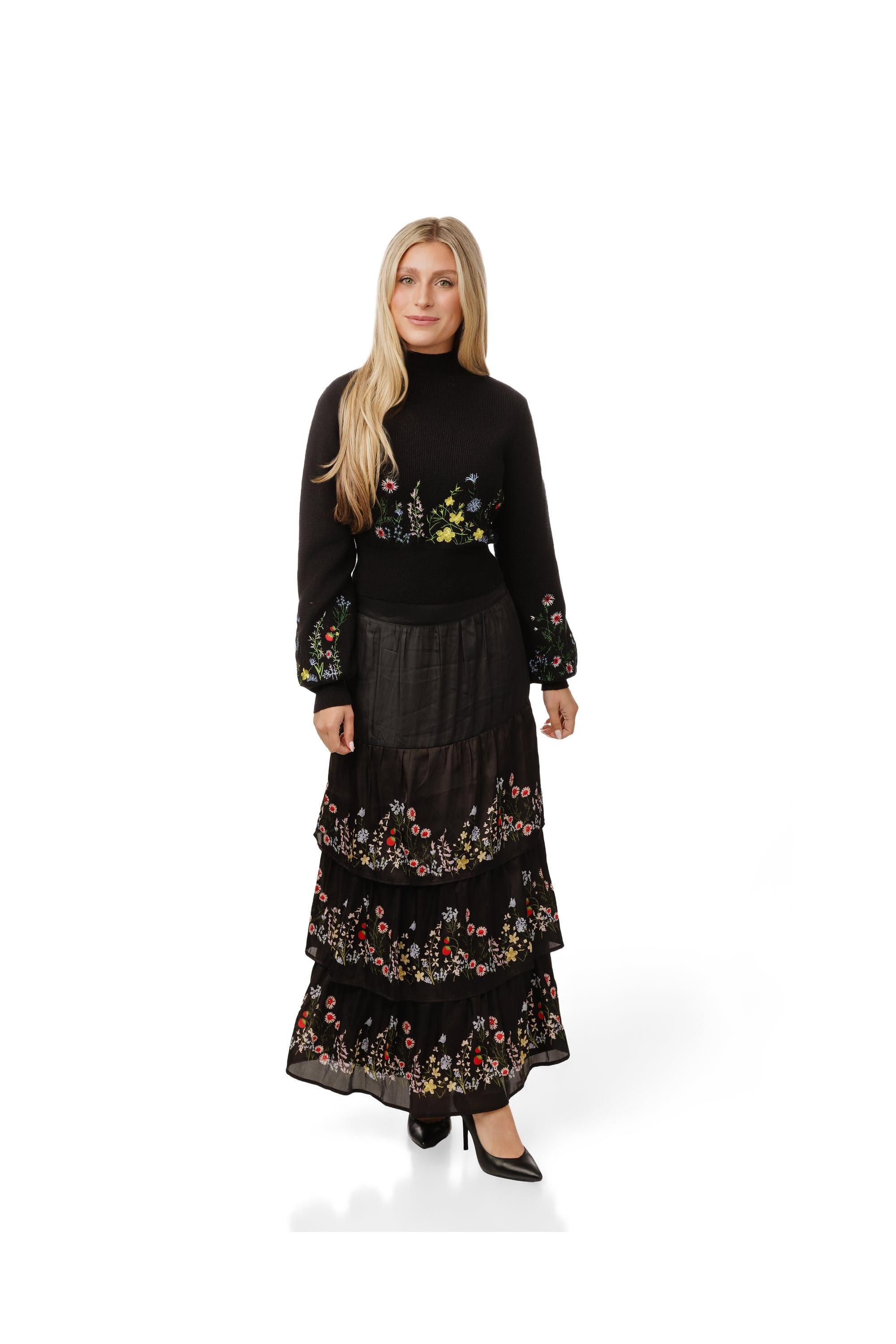 MATCHING LAYERED MULTCOLOR FLORAL PRINTED SKIRT