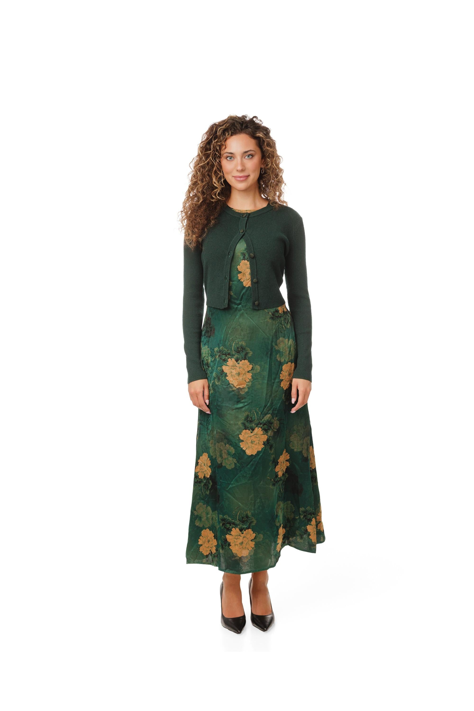 FLORAL PRINTED DRESS WITH OVERLAY CARDIGAN