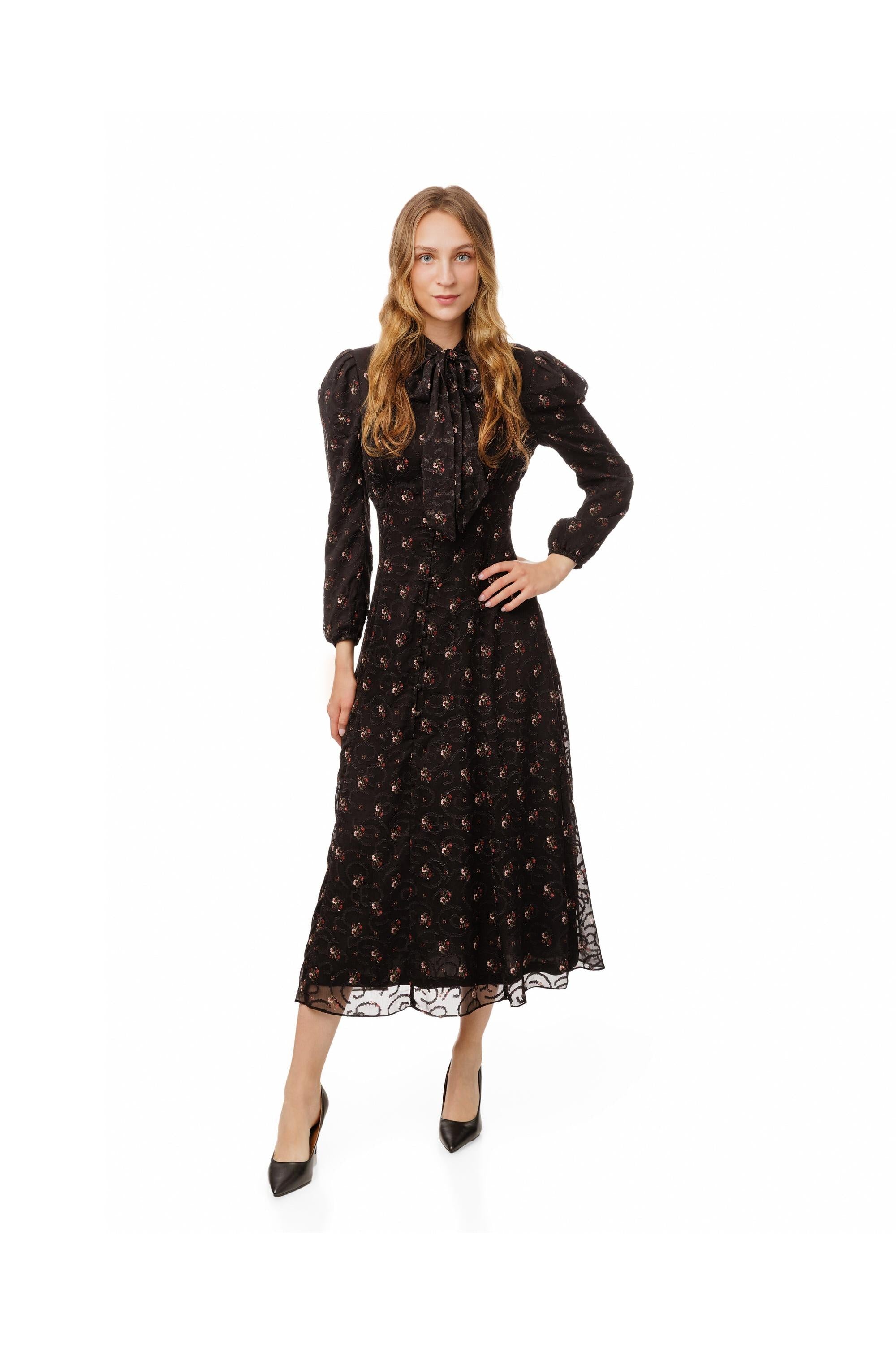 PRINTED LACE NECK TIE DRESS