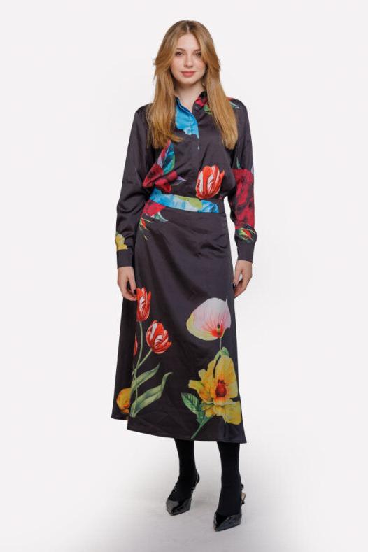 MATCHING LARGE FLOWER ALINE MIDI SATIN SKIRT