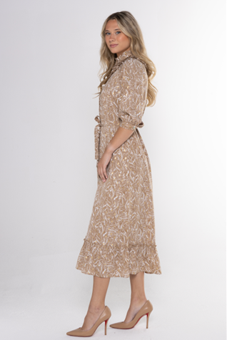 PRINT RAGLAN SLEEVE RUFFLE BIB BUTTON DOWN SHIRT DRESS שמלה