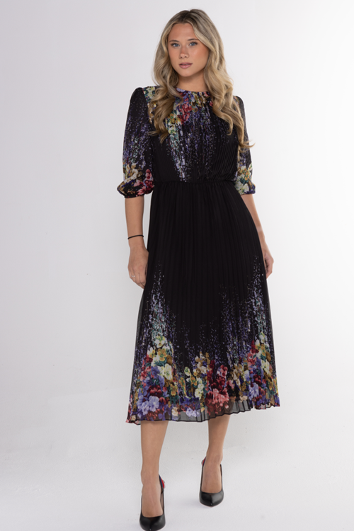 MINI PLTD WAISTED DRESS WITH COLORED FLORAL PRINT שמלה