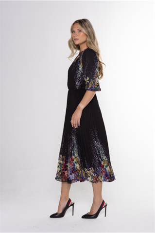 MINI PLTD WAISTED DRESS WITH COLORED FLORAL PRINT שמלה