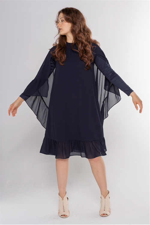 CHIFFON LOW RUFFLE ALINE DRESS WITH CAPE שמלה