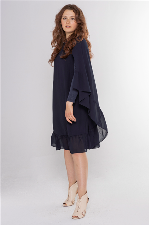 CHIFFON LOW RUFFLE ALINE DRESS WITH CAPE שמלה