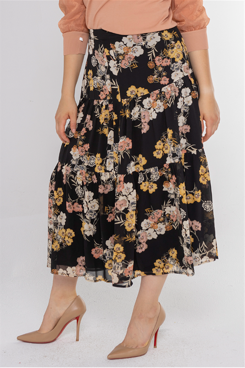FLORAL PRINT TIERED SKIRT חצאית