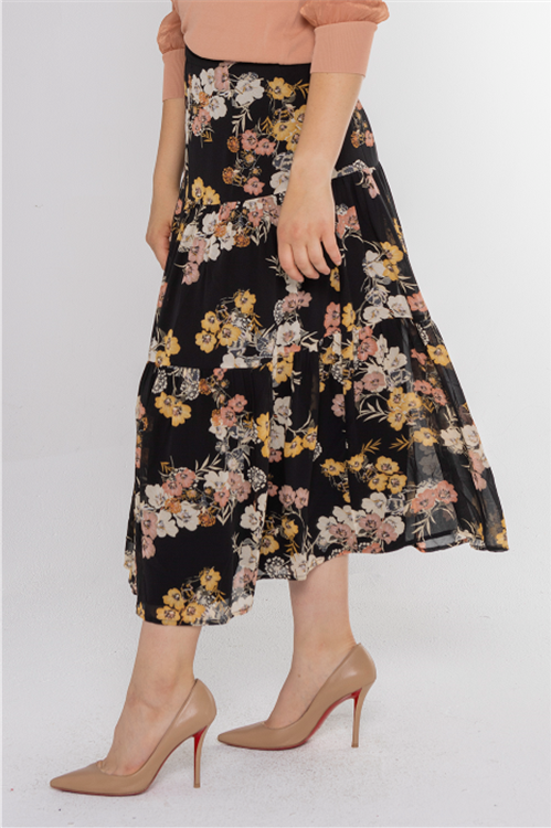 FLORAL PRINT TIERED SKIRT חצאית