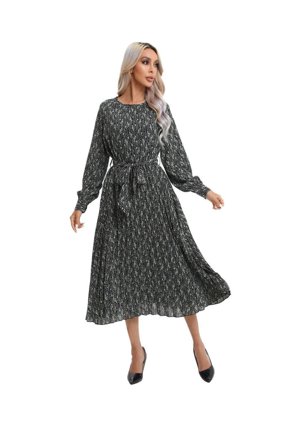 Print Midi Long Sleeve Dress with Detached Belt - MissFinchNYC