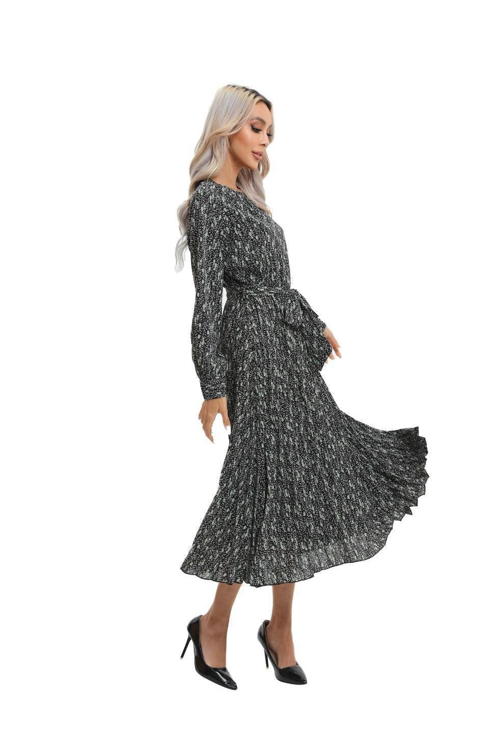 Print Midi Long Sleeve Dress with Detached Belt - MissFinchNYC