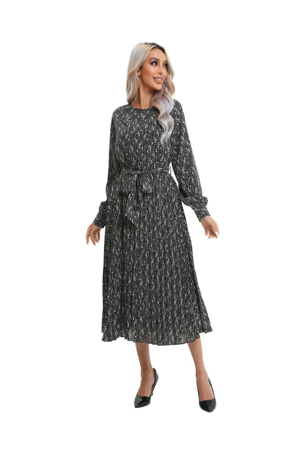 Print Midi Long Sleeve Dress with Detached Belt - MissFinchNYC