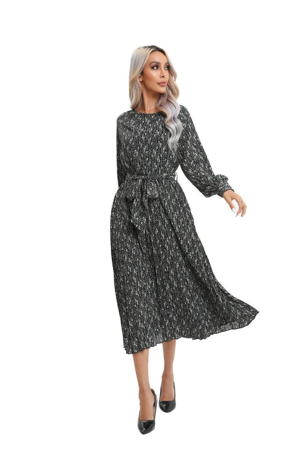 Print Midi Long Sleeve Dress with Detached Belt - MissFinchNYC