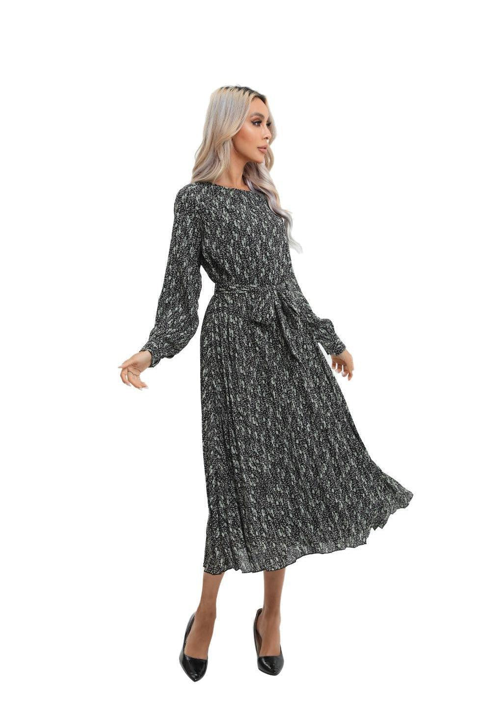 Print Midi Long Sleeve Dress with Detached Belt - MissFinchNYC