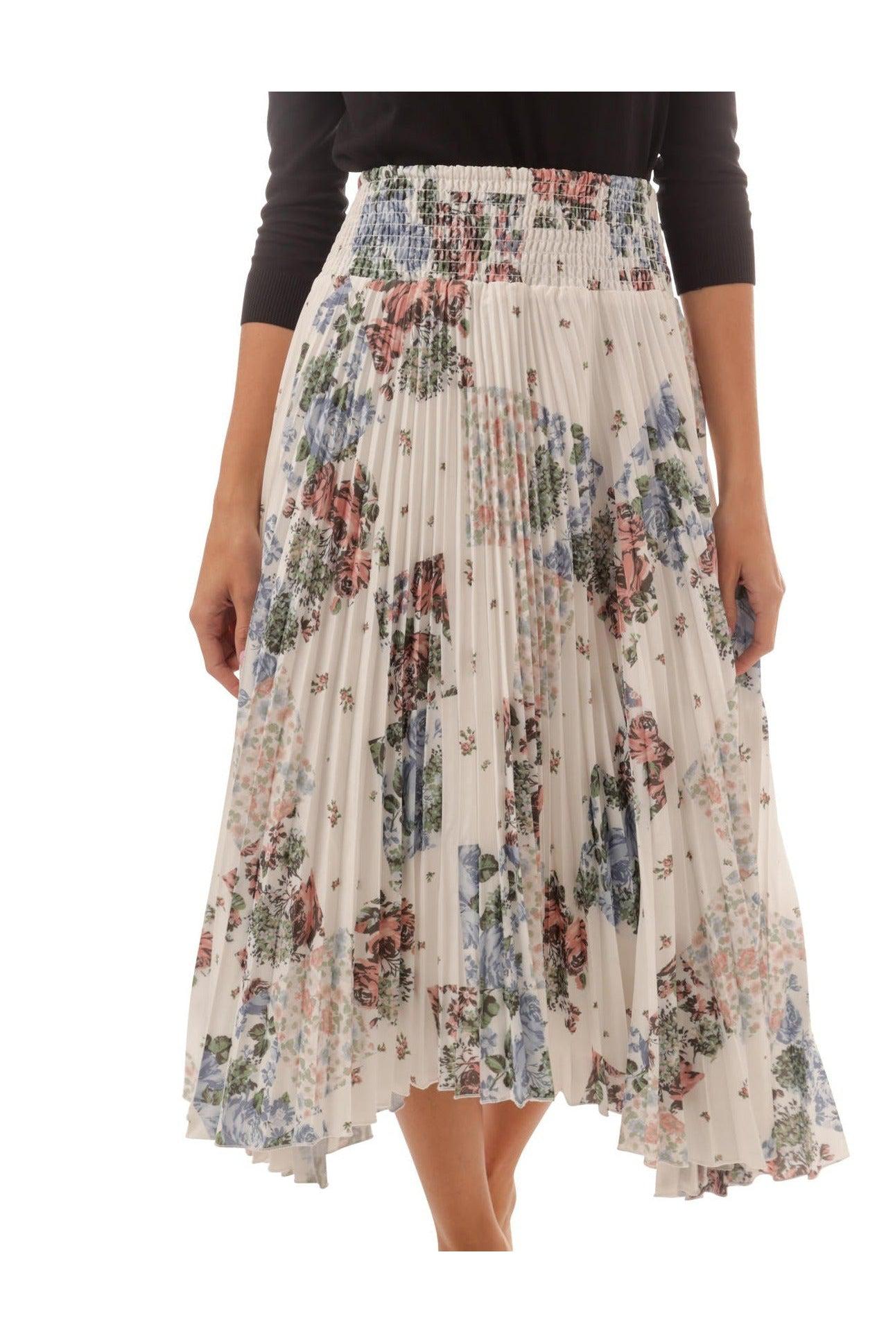 FLORAL PLTD SKIRT WITH SMOCKED WAISTBAND חצאית