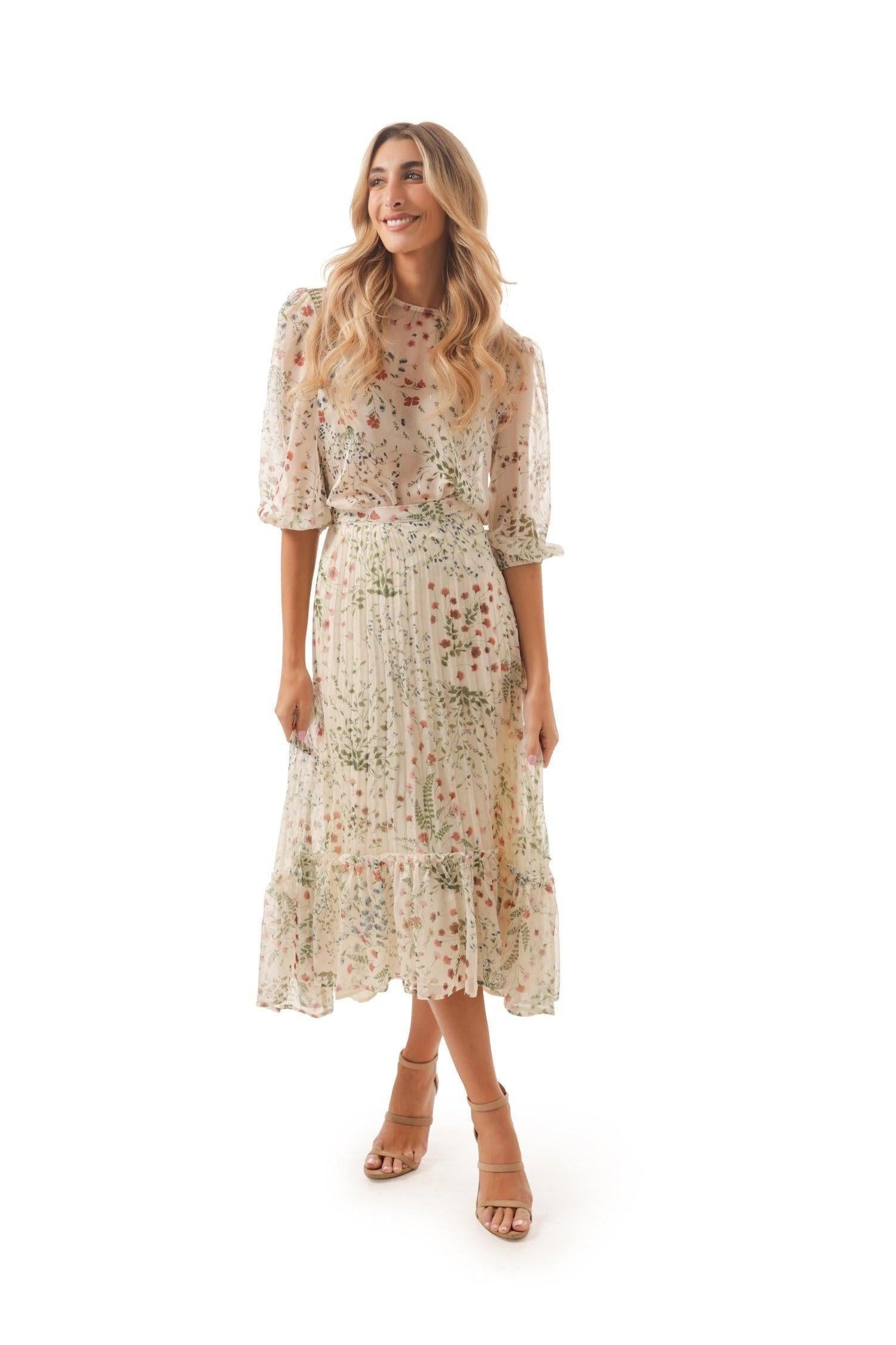 MATCHING CHIFFON W/ COLORFUL FLORAL PRINT SKIRT חצאית