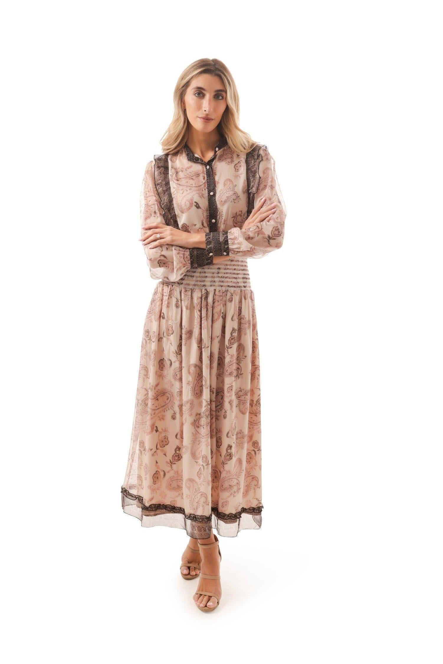 MATCHING SHEER PRTD TOP WITH SMOCKED YOKE & COMBO RUFFLED BORDER חולצה