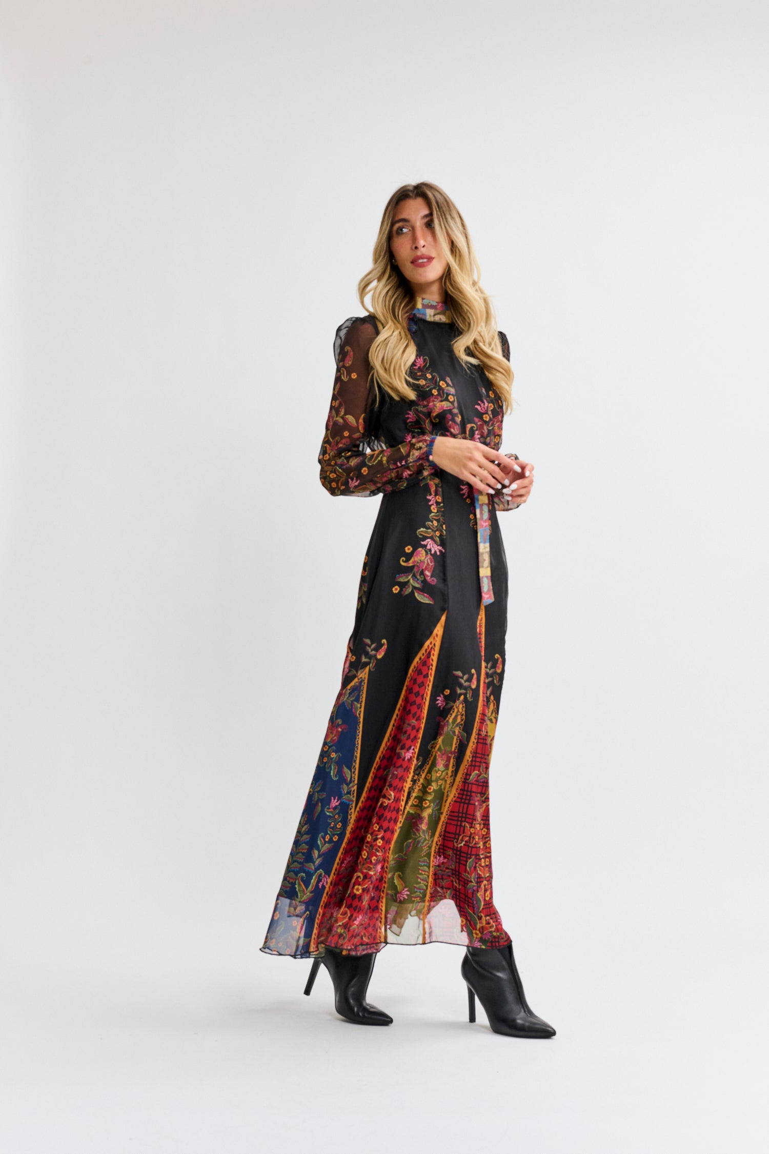 COLORFUL MIXED MEDIA BELTED DRESS