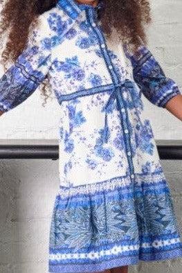 LINEN ROYAL FLORAL DESIGN DRESS שמלה