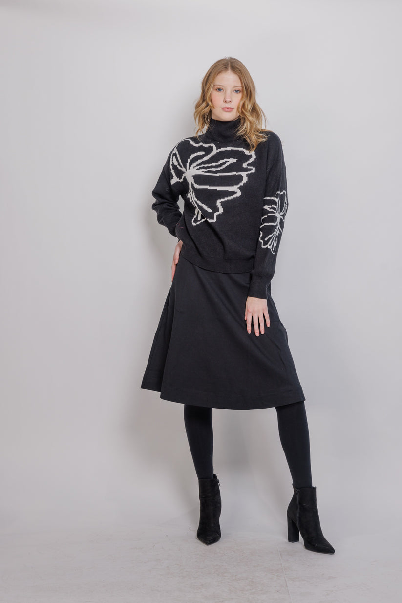 OVERSIZE FLOWER PRINT MOCK NECK SWEATER