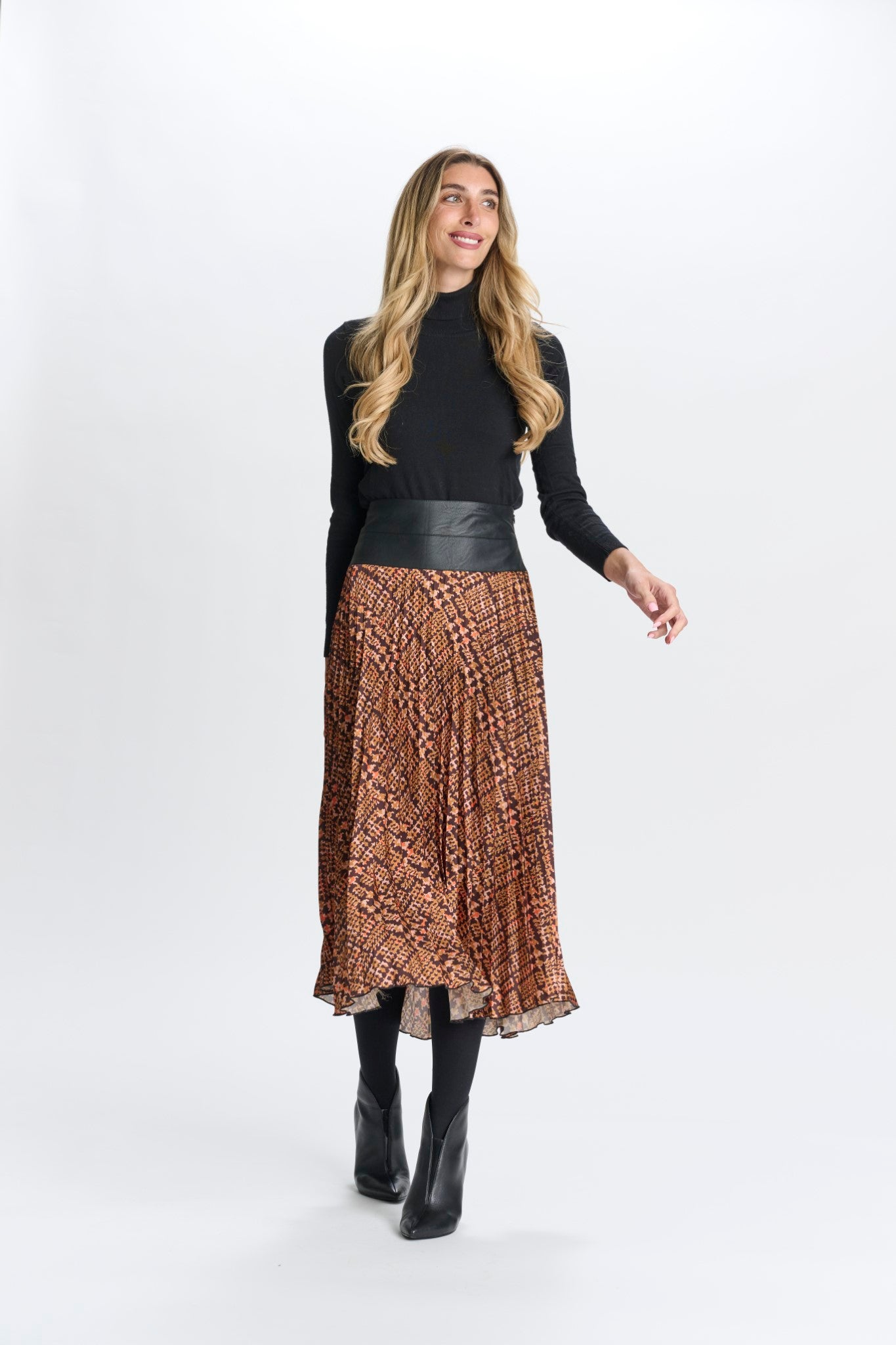 PRINTED PLEATED SKIRT WITH LEATHER WAISTB