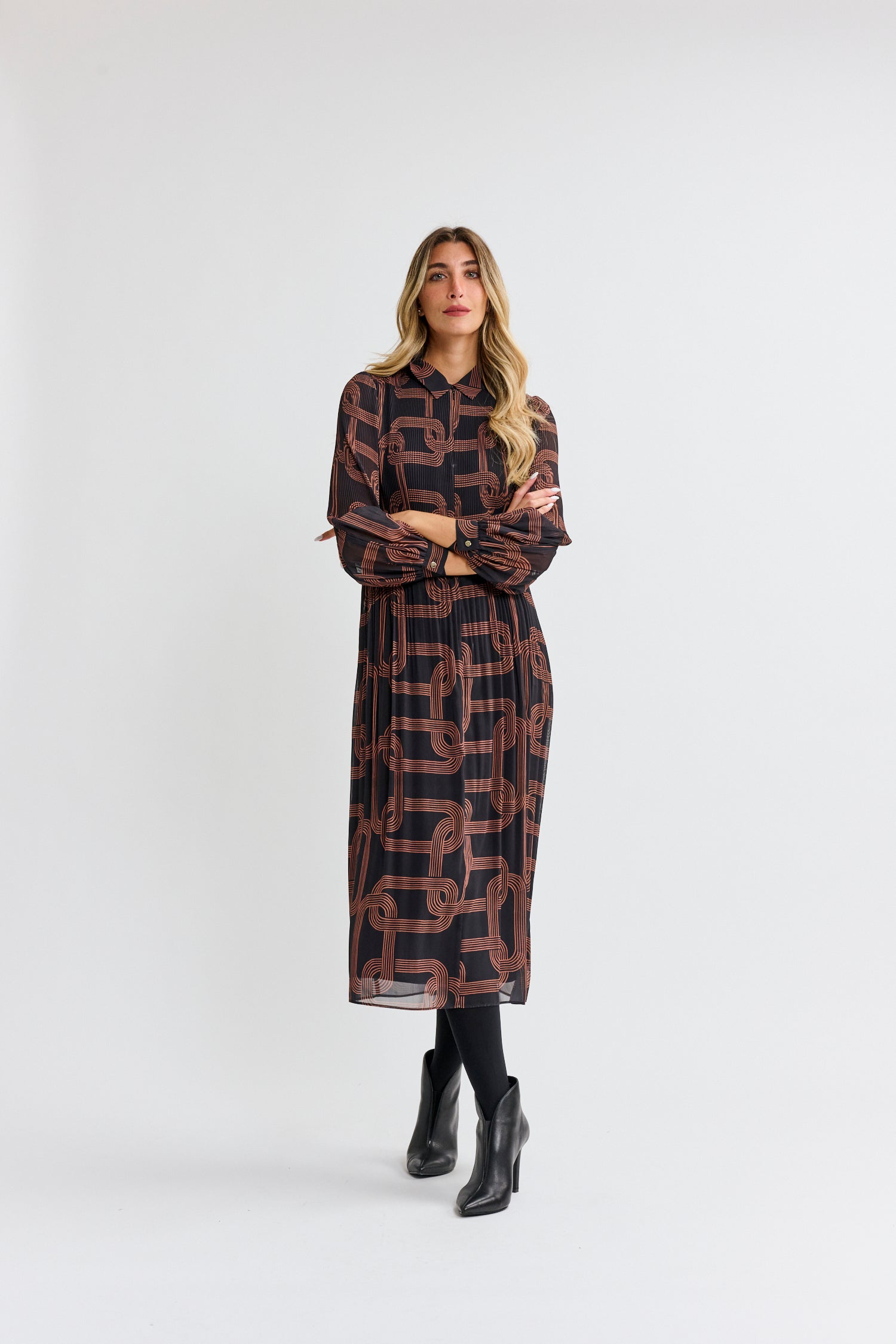 CHAIN LINK PRINT PLEATED DRESS