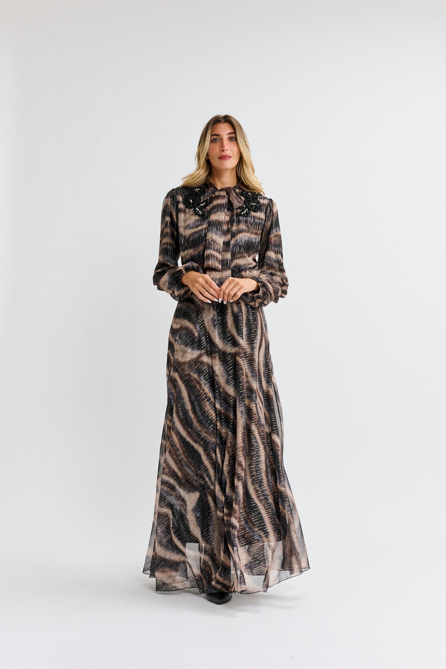 SHIMMER W/ BEADED FLOWERS DRESS