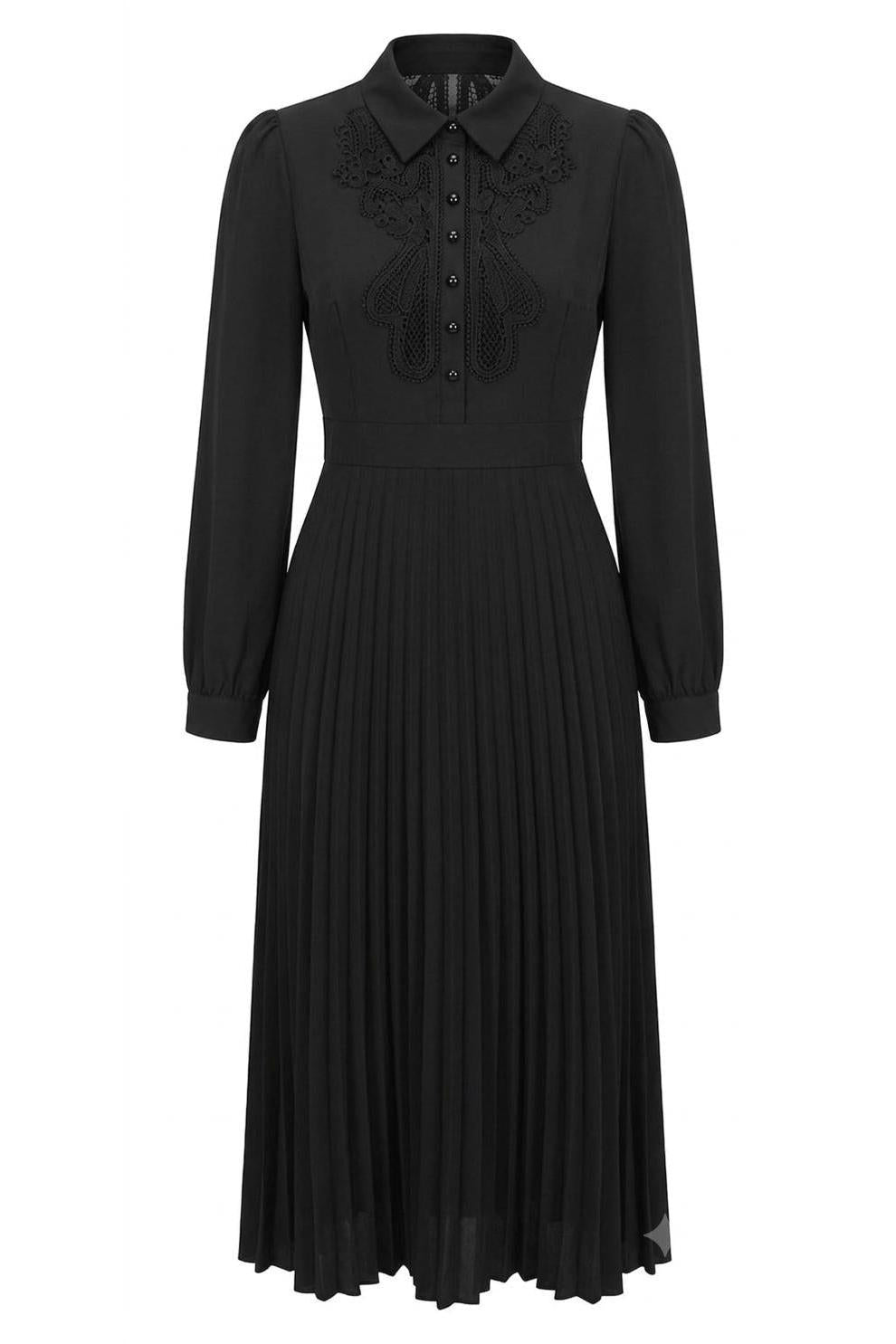 Noir Embroidered Lace Pleated Midi Dress