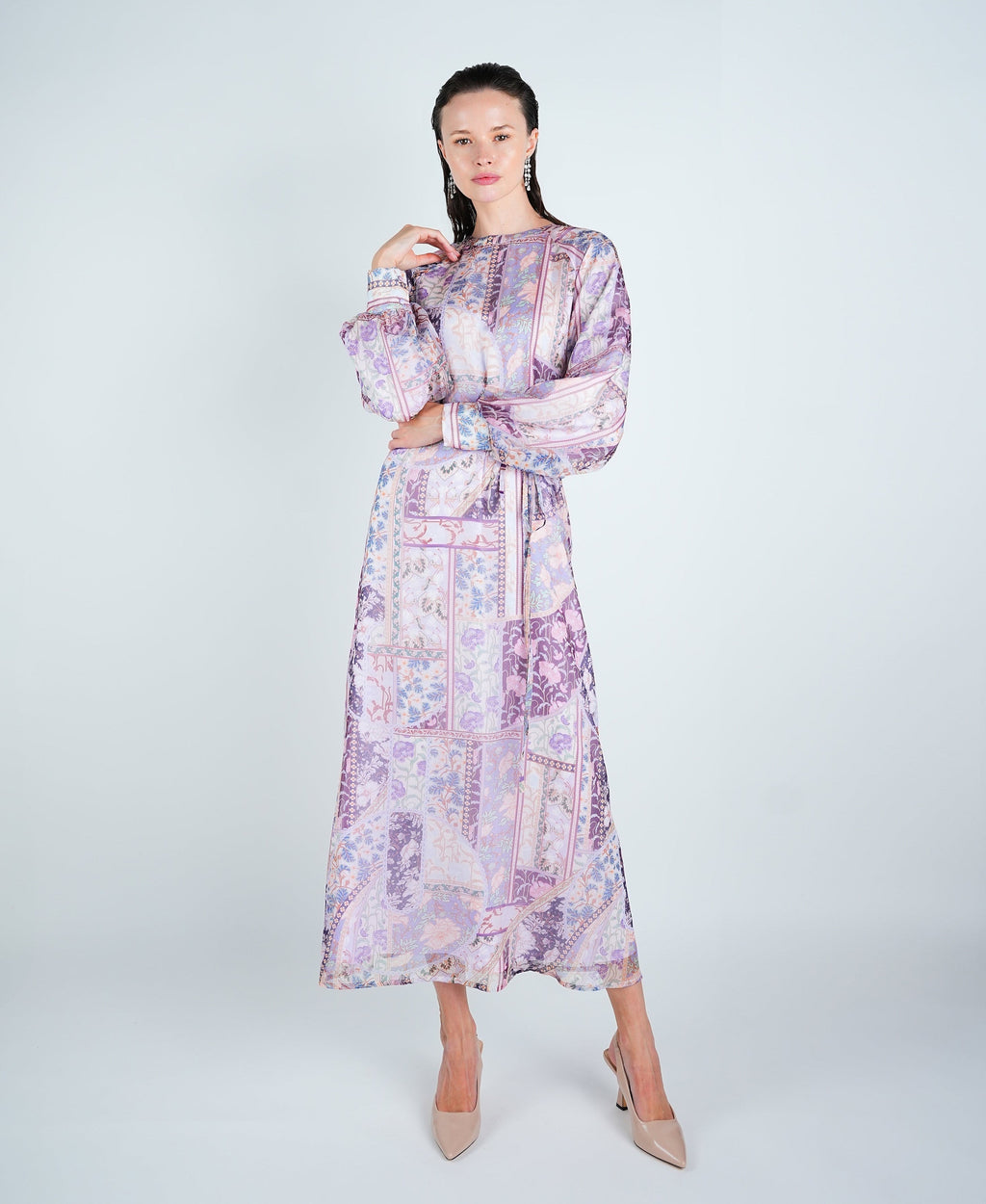 Organza Printed Puff Sleeve Maxi Dress