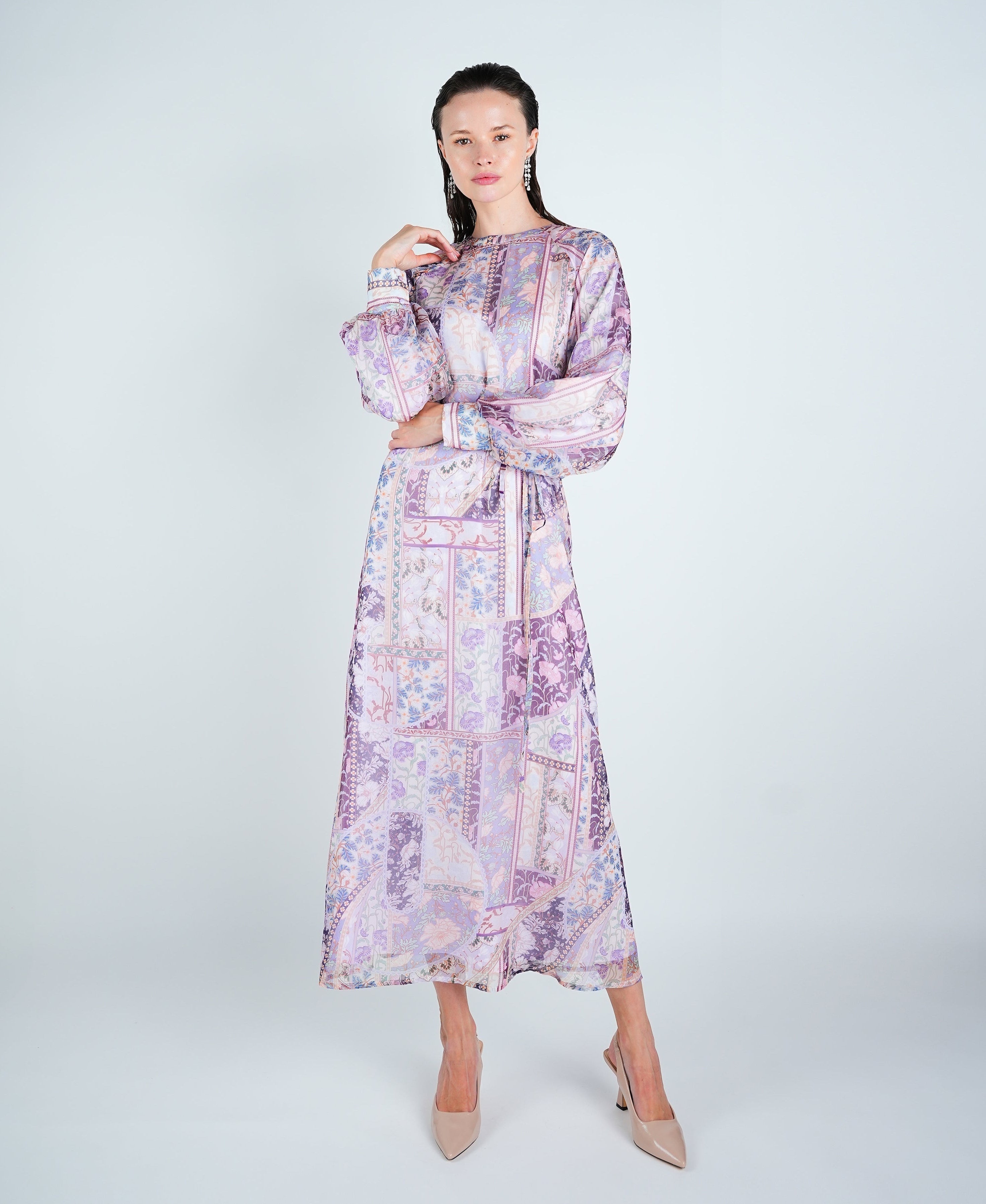 Organza Printed Puff Sleeve Maxi Dress