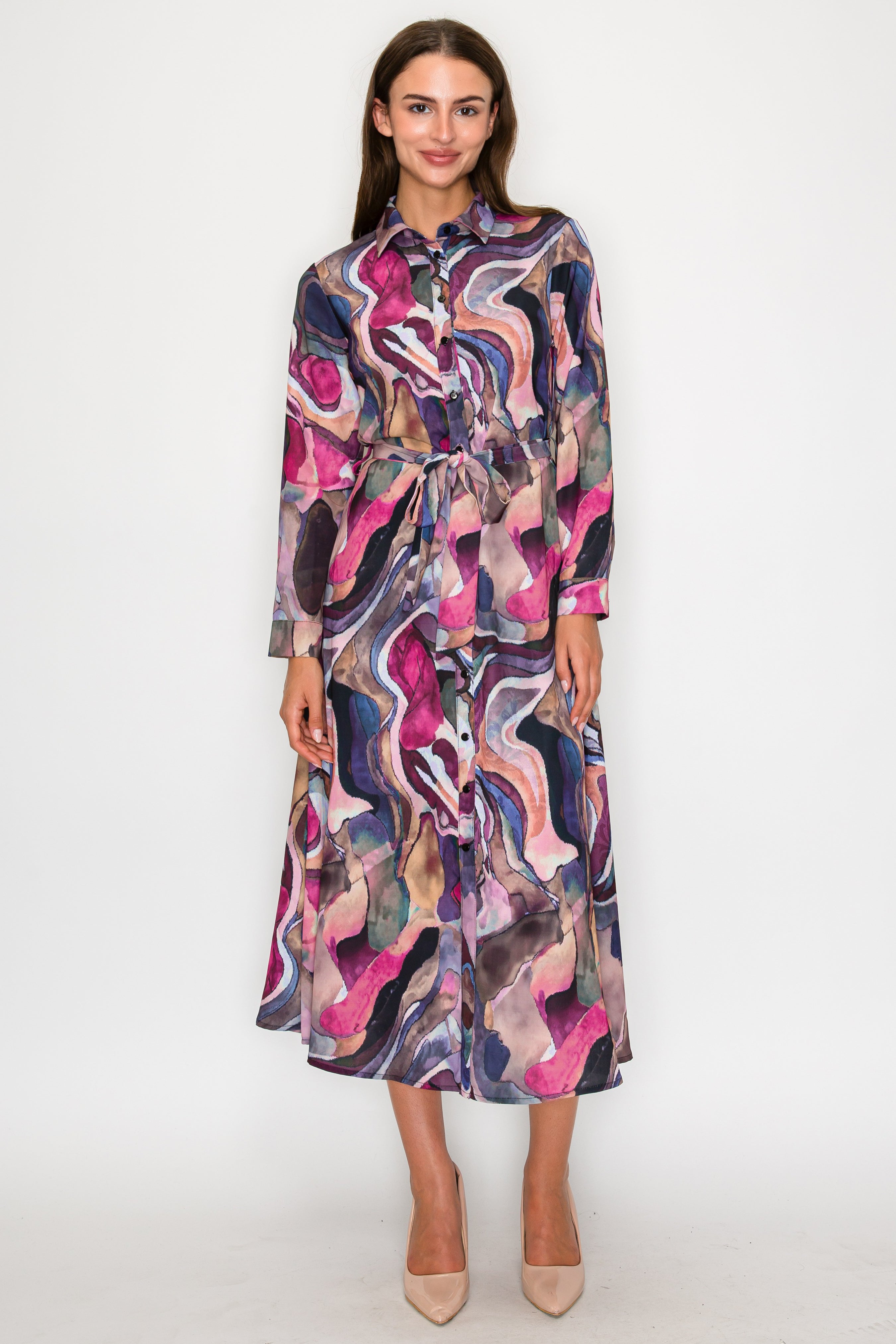 WATERCOLOR PRINT BELTED DRESS