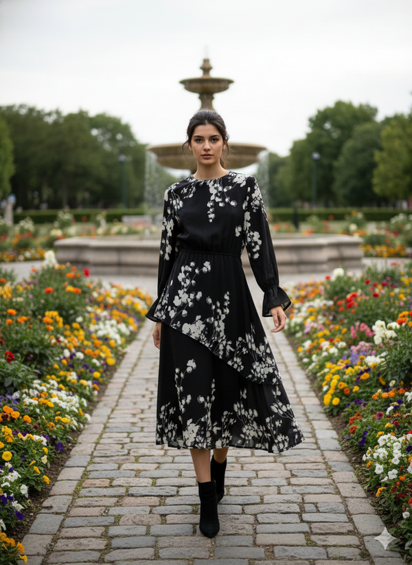 BOTANICAL PRINT RUFFLE HEM DRESS