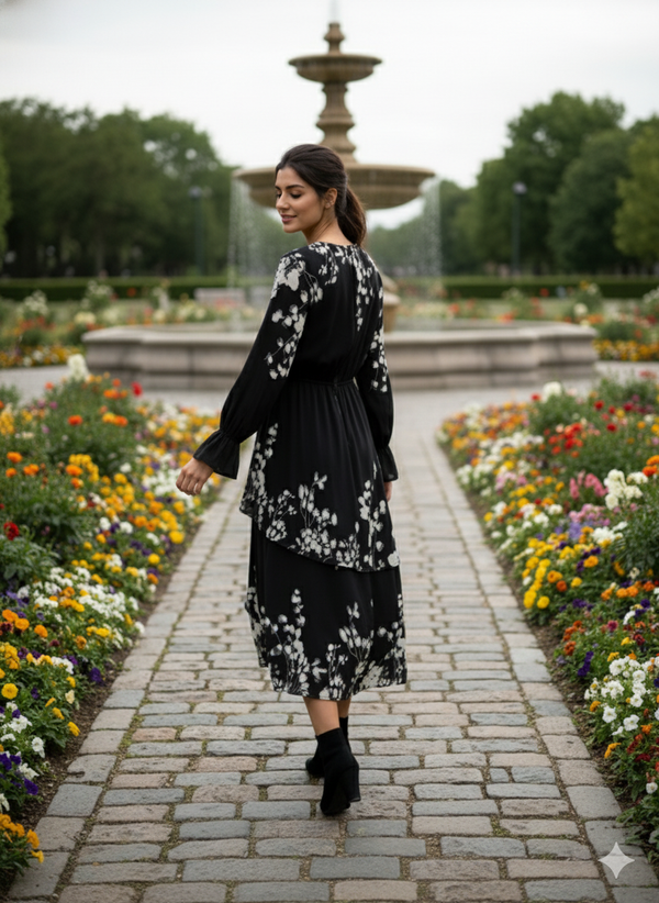 BOTANICAL PRINT RUFFLE HEM DRESS