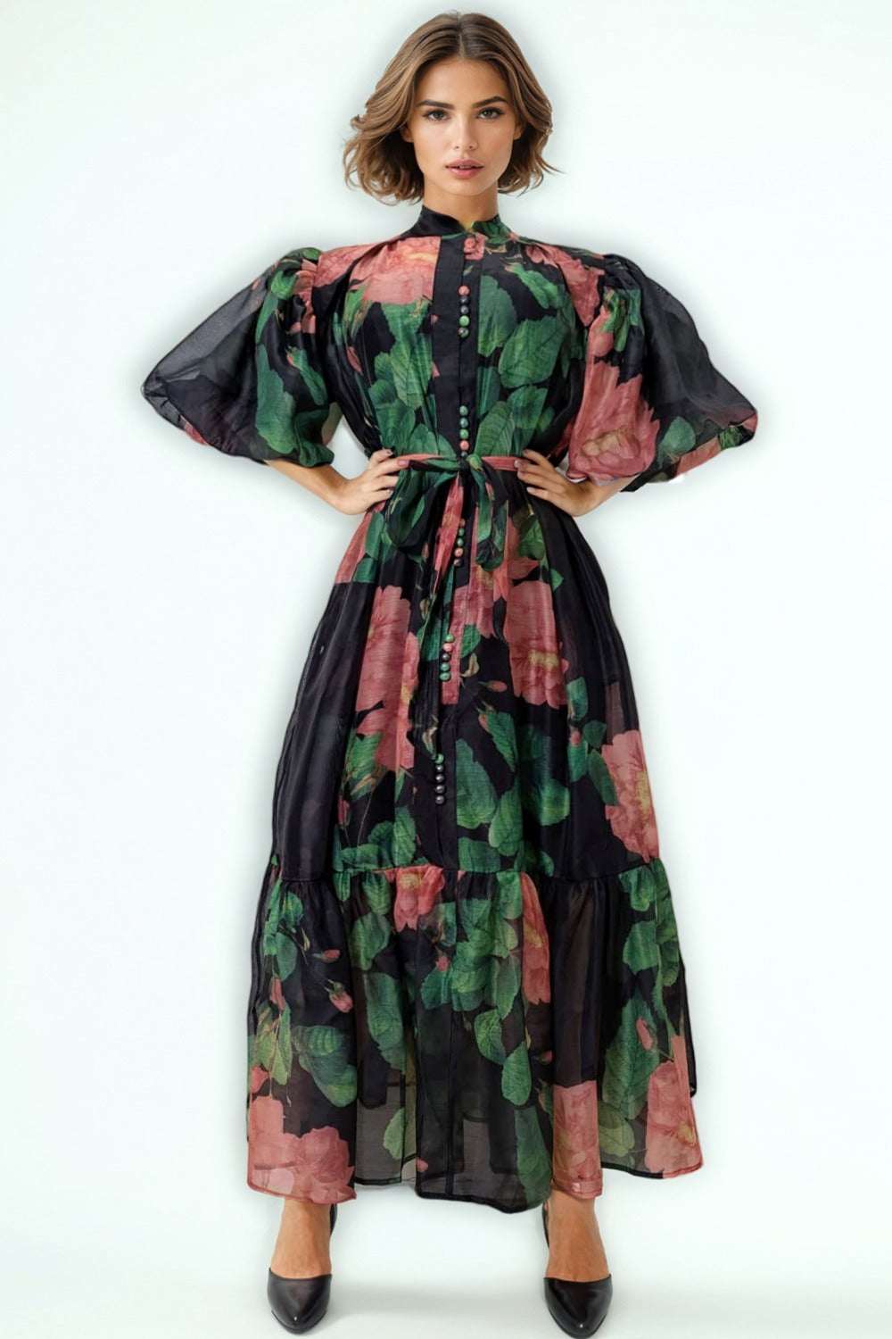 STAND COLLAR BUBBLE SLEEVE DRESS