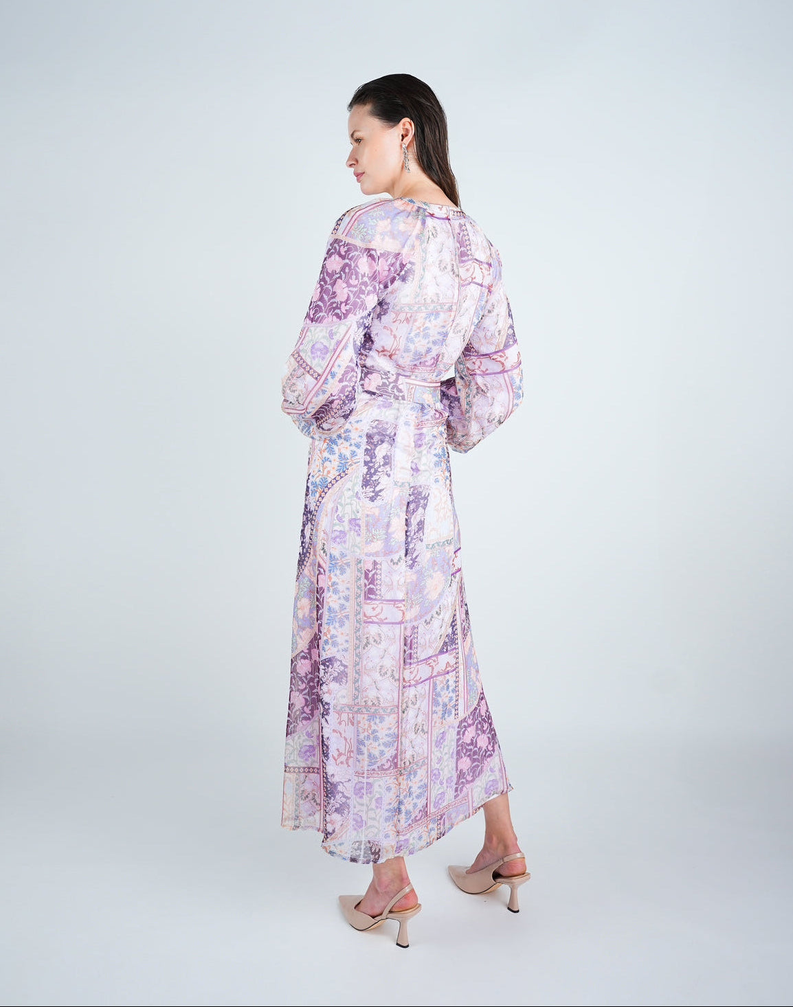 Organza Printed Puff Sleeve Maxi Dress