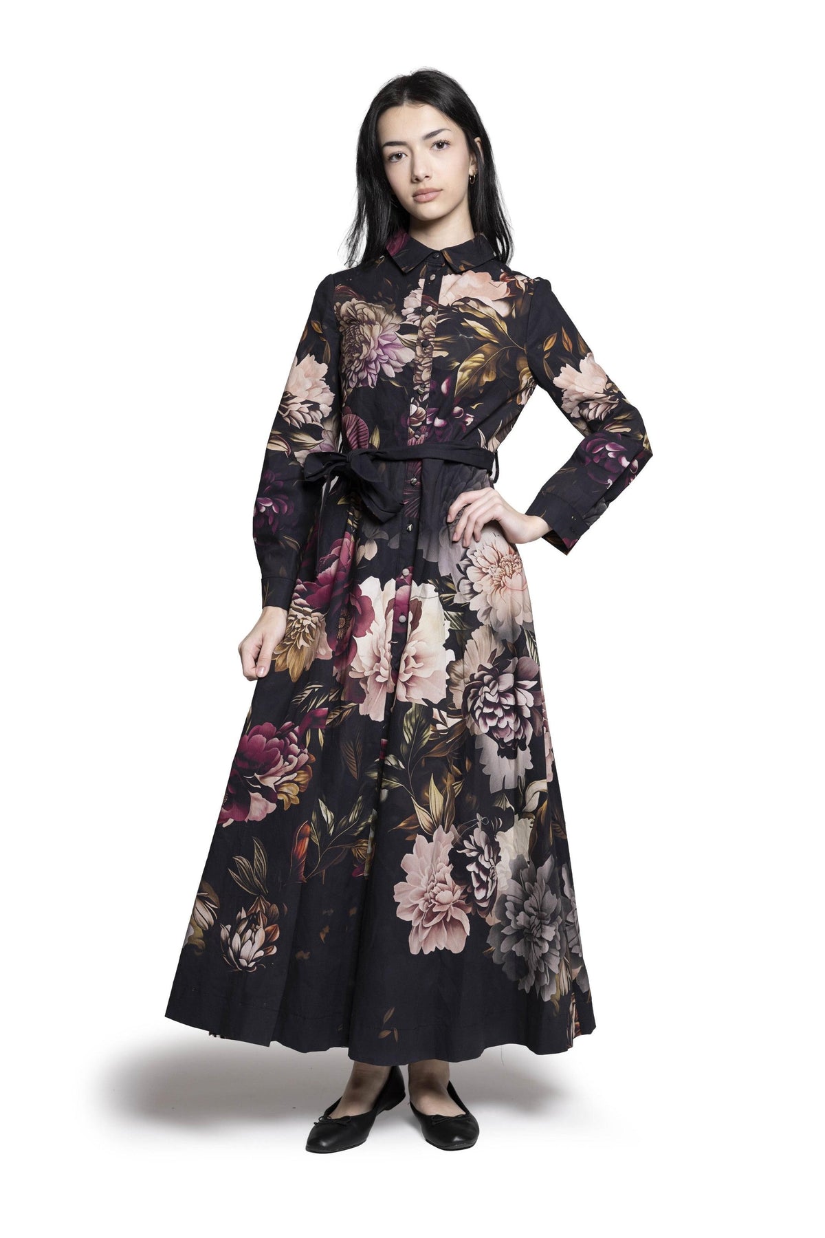 LIL 13601 Floral Collared Belted Dress